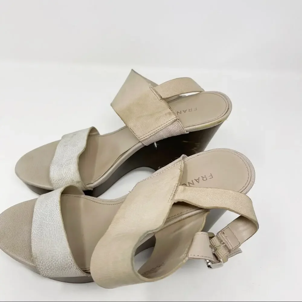 Franco Sarto Womens Size 6.5 Georgette Leather Wedge Sandal Heels Cream Bown
